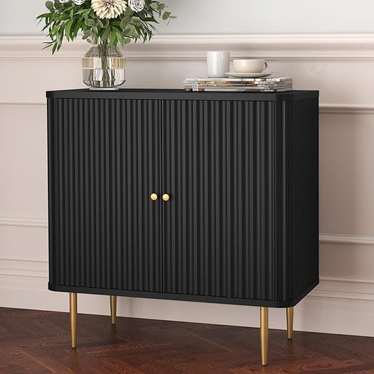 HLR Sideboard Buffet Cabinet with Fluted Texture, Black Accent Cabinet with 2 Doors, Modern Credenza Storage for Kitchen Living Room, Entryway (Black, 1Piece)