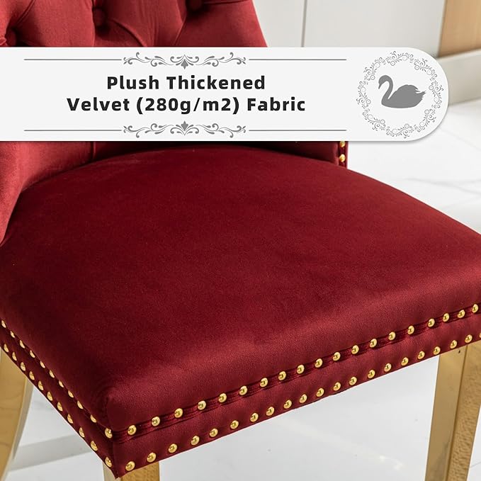 Velvet Upholstered Dining Chairs Set of 8, Modern Style Kitchen Side Chairs with Nailhead Trim and Gold Plated Leg, Metal Pulling Ring for Dining Room Living Room(Wine Red-Gold Plated Leg)