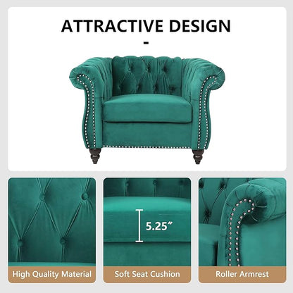2 Piece Living Room Furniture Set, Velvet Loveseat and Chair Set, Mid Century Modern Upholstered Sofa Couch with Cushions, Comfy Tufted Chesterfield Couches for Living Room, Bedroom, Office