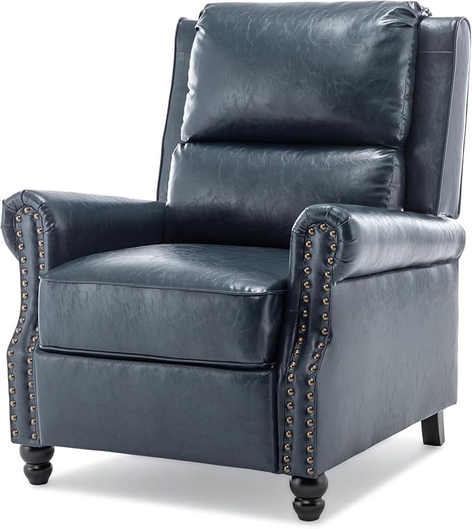 Pushback Recliner Chair, Faux Leather Wingback Recliner Chair, Upholstered Armchair Push Back Recliner with Wood Legs, Rivet Trim Single Sofa Accent Chair for Living Room, Bedroom, Navy