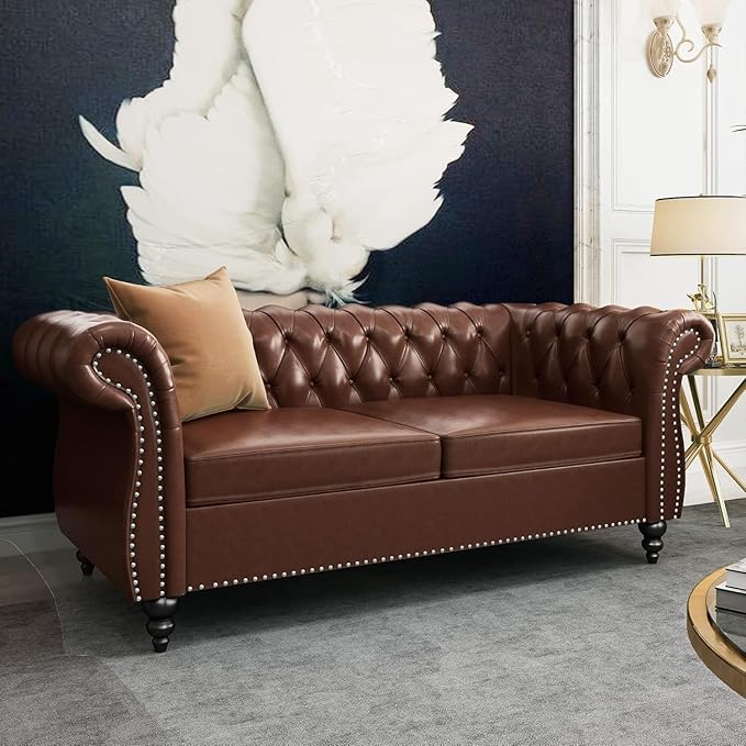 Chesterfield Loveseat Sofa, Modern 2 Seater Couch Leather Small Love Seat Sofa with Rolled Arms and Nailhead, Mid Century Modern Loveseat for Small Spaces Living Room Bedroom Apartment, Brown