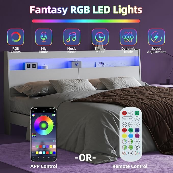 Modern Wooden Headboard Only with Storage,Wall Mount Bed Backboard with LED Light Power Outlets 2 USB Ports for Bedroom (White, King)