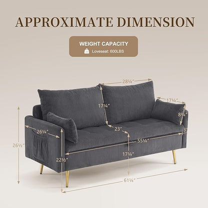 Furnimart 2-Seater Storage Loveseat for Small Spaces, 62“ Corduroy Couch with Removable Cushion Cover and Metal Leg for Bedroom, Apartment, Tiny Homes and Lofts, Gray