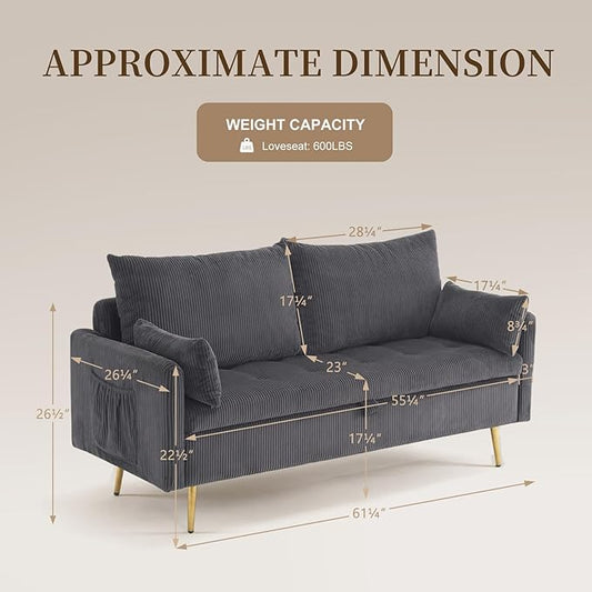 Furnimart 2-Seater Storage Loveseat for Small Spaces, 62“ Corduroy Couch with Removable Cushion Cover and Metal Leg for Bedroom, Apartment, Tiny Homes and Lofts, Gray