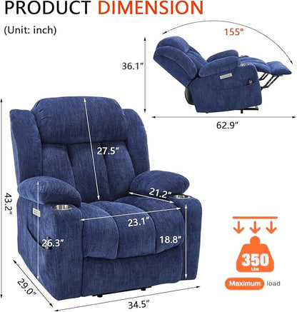 Power Lift Recliner Chair, 350lb Capacity with 8-Point Massage & Heating, USB/Type-C Ports & Cup Holders, Heavy Duty Chenille Recliner for Elderly, Blue