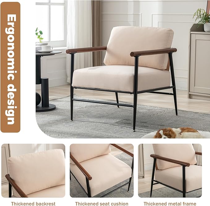 Accent Chair Mid Century Modern Chair Linen Fabric Living Room Lounge Chair with with Overstuffed Back Pillow and Cushion Reading Side Chair Easy Assembly for Living Room, Bedroom, Belcony (1)