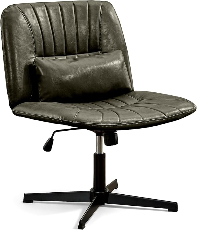 URRED Criss Cross Office Chair, Armless Cross-Legged Desk Chair with Fixed Legs, Height Adjustable Wide Seat Task Vanity Chair for Home Office or Bedroom (Green)