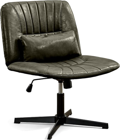 URRED Criss Cross Office Chair, Armless Cross-Legged Desk Chair with Fixed Legs, Height Adjustable Wide Seat Task Vanity Chair for Home Office or Bedroom (Green)
