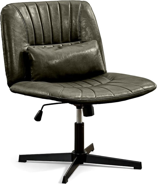 URRED Criss Cross Office Chair, Armless Cross-Legged Desk Chair with Fixed Legs, Height Adjustable Wide Seat Task Vanity Chair for Home Office or Bedroom (Green)