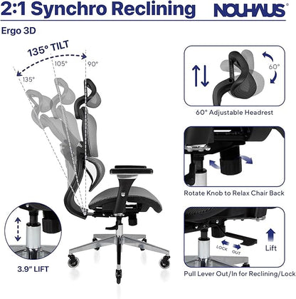 Nouhaus Ergo3D Ergonomic Office Chair Lumbar Support Mesh Office Chair with 4D Adjustable Armrest, Adjustable Headrest and Wheels, Mesh High Back Home Office Desk Chairs (Grey)