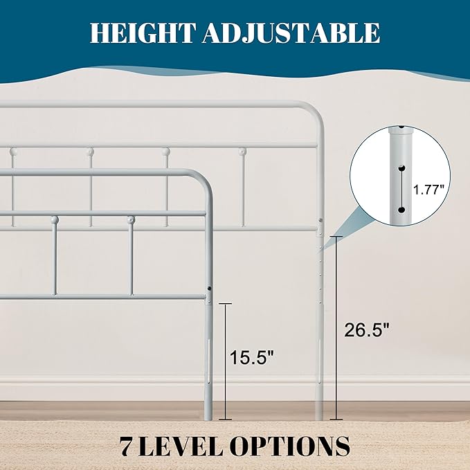 Metal Full Size Headboard, Sturdy and Durable Iron Headboard Adjustable Height from 34” to 44”, Victorian Vintage Full XL Bed Headboards, Farmhouse Head Board, Bed Frame Mount Grey