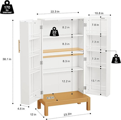 ARTPOWER 45'' Kitchen Pantry Cabinet, 4 - Layer Storage Cupboard with Adjustable Shelves for Storage Cabinet Pantry, Food Pantry Cabinet for Kitchen, Dining Room and Living Room,Gold Legs, White