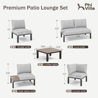 PHI VILLA 7 Pieces Outdoor Patio Furniture Set,Metal Frame Modern Outdoor Sectional Sofa Set,8 Seats Patio Conversation Sets with Coffee Table&Thickened Cushion,for Poolside and Backyard,Light Grey