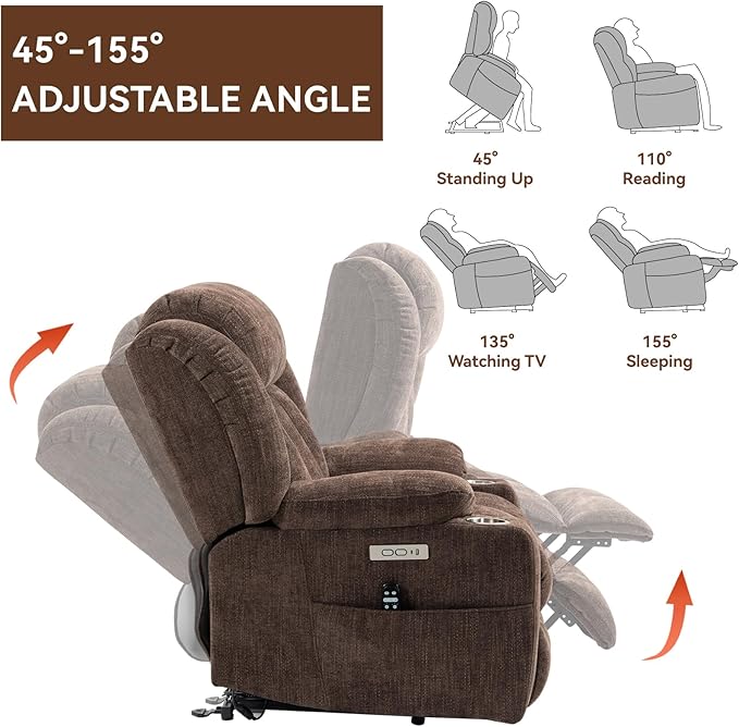 Power Lift Chair for Elderly, Electric Recliner Chair with 8-Point Vibration Massage and Lumbar Heating, Charging Ports, Cup Holders, Standing Assistance Reclining - Brown