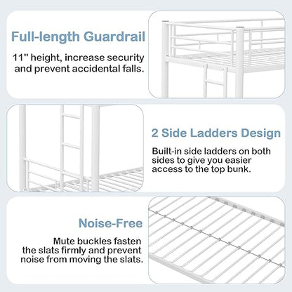 VECELO Twin Over Twin Bunk Bed with Trundle, Metal Bunkbeds with Ladder and Full-Length Guardrail, Noise Free, No Box Spring Needed, Off White