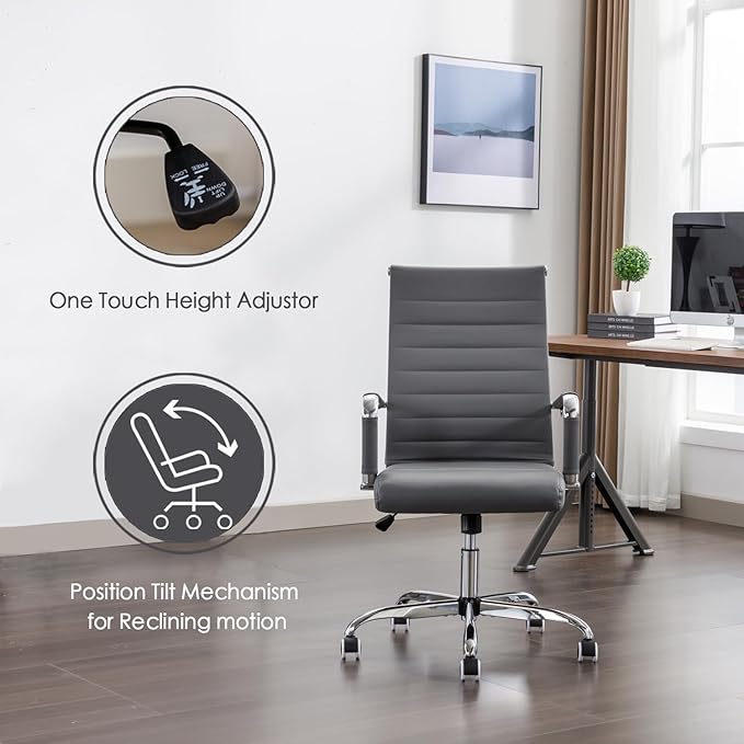 Office Desk Chair Leather, Conference Room Chairs with Wheels, Executive Modern High Back Ergonomic Swivel Rolling Ribbed Computer Chair