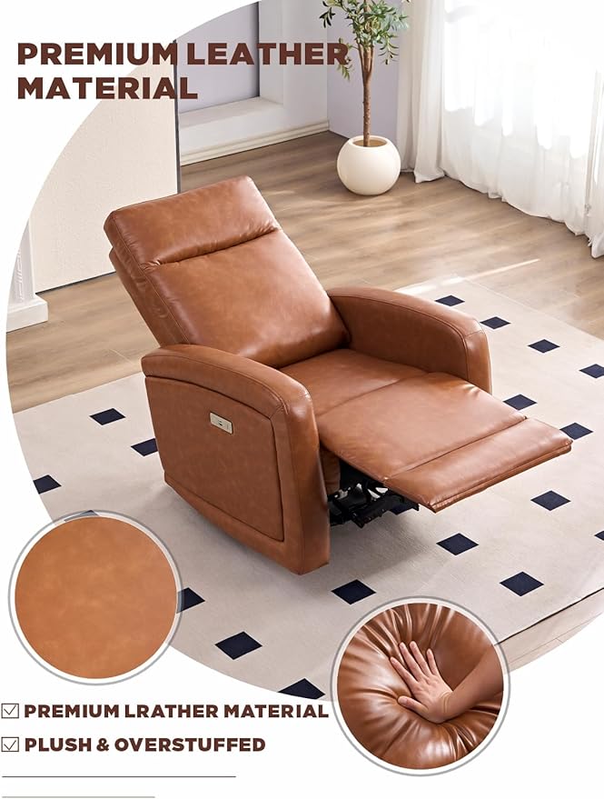 Leather Recliner Chair,Power Recliner Chair with Power Headrest Type-C Charger for Adult, Electric Recliner Sofa for Living Room & RV, Brown