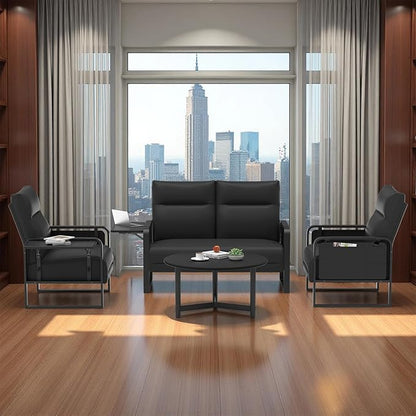 3 Piece Living Room Sofa Set, Leather Sofa Sets with Side Tray & Pocket, Modern 3 Pcs Sectional Couches Set for Apartment, Office, Bedroom (Black, Lovseat+2-Seat)