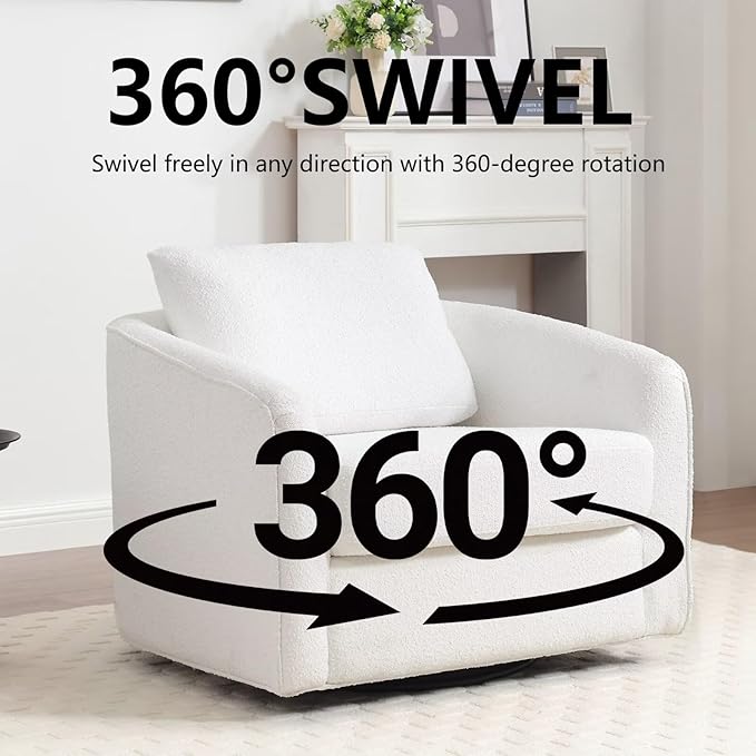 MINCETA Accent Chairs Set of 2, 360° Swivel Barrel Chair with High Density Foam, Oversized Reading Chair with Sherpa Teddy Upholstered Armchair for Living Room, Bedroom, Apartment White