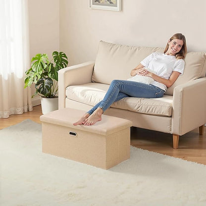 VECELO 30'' Folding Storage Ottoman Bench, End of Bed Linen Fabric Foot Rest Stool with Padded Seat, Large Footstools for Bedroom, Living Room, Load 500 lb, Khaki