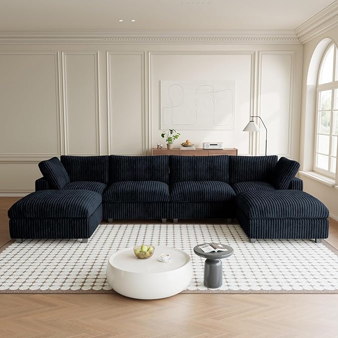 Modular Sectional Sofa, Convertible U Shaped Sofa with Chaise Ottoman, Deep Seat Cloud Sectional Couch, 6 Seat Comfy Modular Couch for Living Room, Office, Apartment, Black
