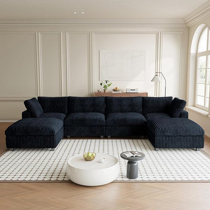 Modular Sectional Sofa, Convertible U Shaped Sofa with Chaise Ottoman, Deep Seat Cloud Sectional Couch, 6 Seat Comfy Modular Couch for Living Room, Office, Apartment, Black