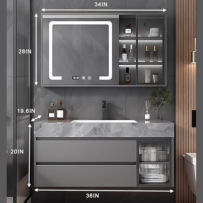 White 36IN Modern Bathroom Vanity - Wall-Mounted Bathroom Storage Cabinet & Bathroom Vanity with Sink, Bathroom Medicine Cabinet Wall Mounted, Defogging & Led Lighting | Bathroom Cabinet Slim
