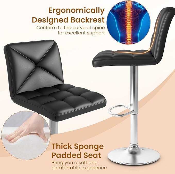 COSTWAY Bar Stools Set of 4, Modern PU Leather Swivel Bar Chairs, Height Adjustable Upholstered Barstools with Premium Gas Rod, Sturdy Footrest, Round Base, for Kitchen, Dining Room, Office, Black
