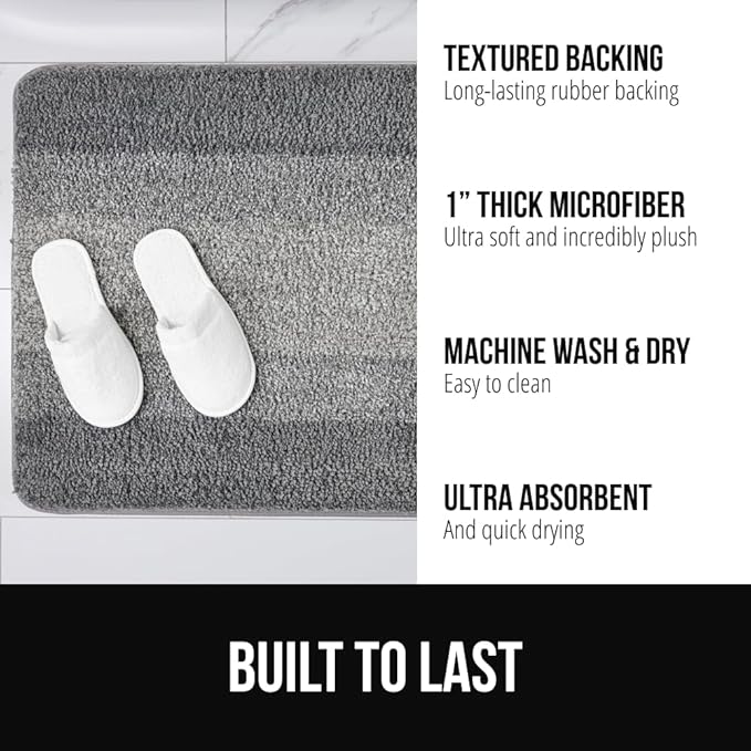 GORILLA GRIP Ultra Soft Plush Bathroom Rugs with Textured Rubber Backing, 40 x 24 Absorbent Quick Dry Bath Mat, Machine Washable Shower Mats, Home Décor Accessories Bathmat Rug Essentials, Grey