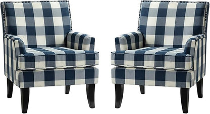 HULALA HOME Modern Accent Chairs Set of 2, Farmhouse High Back Buffalo Plaid Chairs with Wooden Legs & Nail Head Trim, Comfy Upholstered Armchairs for Living Room/Bedroom (Buffalo Navy)