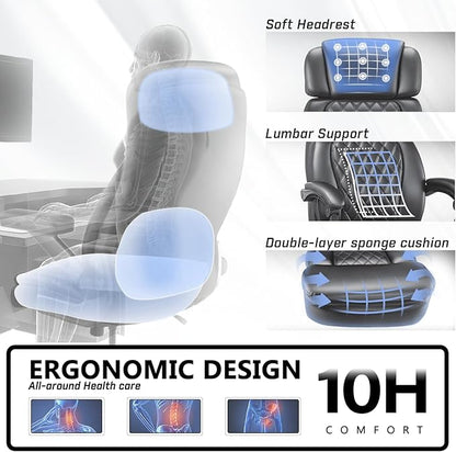 400lbs Office Chair with Foot Rest, Ergonomic Big and Tall Office Chair with Adjustable Headrest, High Back PU Leather Computer Chair,Comfy Heavy Duty Office Desk Chair (Classic Grey)