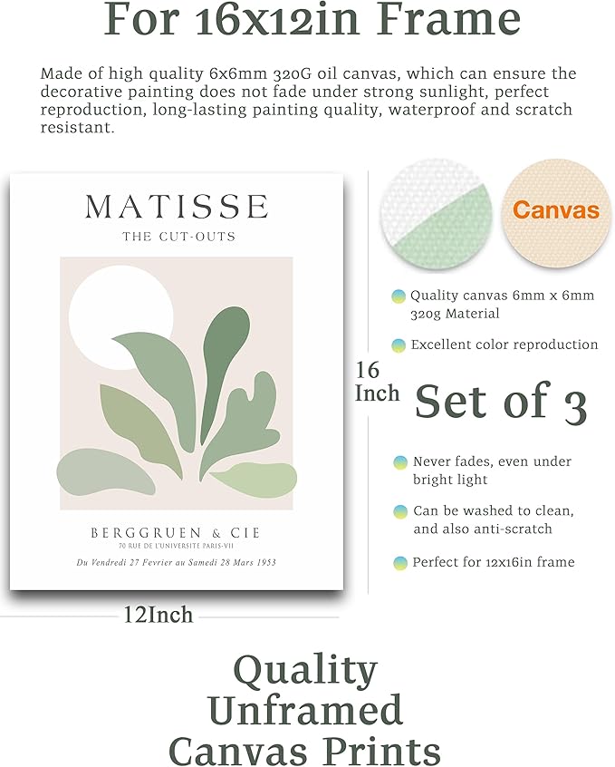 Unframed Sage Green Wall Art Set of 3,12x16IN Abstract Matisse Wall Decor,Quality Canvas Prints Posters Decoration for Bathroom Living Room Bedroom