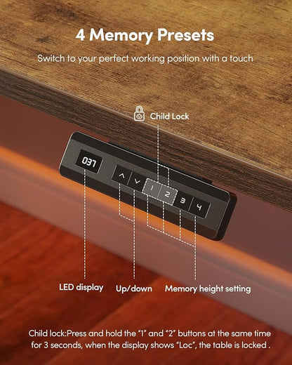 FEZIBO One-Piece Standing Desk Adjustable Height Stand up Home Office Desk, 55x24 Inch Electric Standing Computer Desk, with 4 Memory Presets, Headphone Hook, Rustic Brown