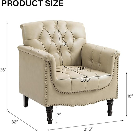 Faux Leather Accent Chair, PU Leather Modern Comfy Upholstered Armchair with Wood Legs & Nailhead Trim for Living Room, Bedroom (Beige,Set of 2)