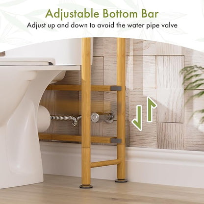 AmazerBath Over The Toilet Storage Bamboo, 3-Tier Over Toilet Organizer Rack with 2 Fabric Storage Bins, Freestanding Toilet Shelf for Bathroom Laundry Space Saver, Natural Color