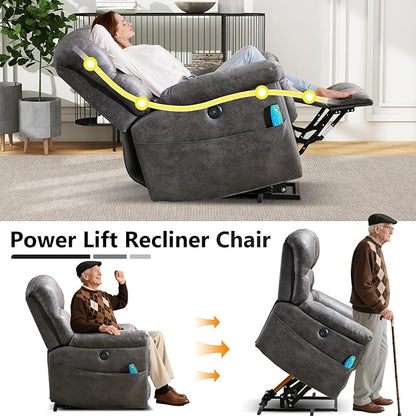 Large Power Lift Recliner Chair with Massage and Heat for Elderly, Faux Leather Electric Lifting Recliners with USB Port, Overstuffed Wide Reclining Sofa Chairs for Living Room, Grey