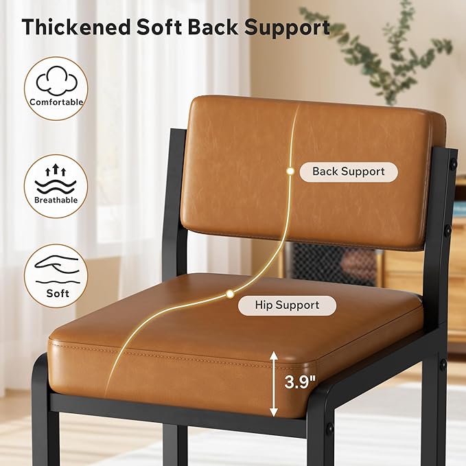 Bar Stools Set of 5, Faux Leather Counter Height Bar Stools with High Back and Metal Legs, Upholstered Bar Chairs, 26" Modern Barstools for Kitchen Island, Caramel