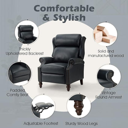 HULALA HOME Genuine Leather Recliner Chair, Traditional Manual Pushback Comfy Seating for Living Room, Thick Cushion & Solid Wood Legs, Wingback Recliner with Nailhead Trim, Navy-S2