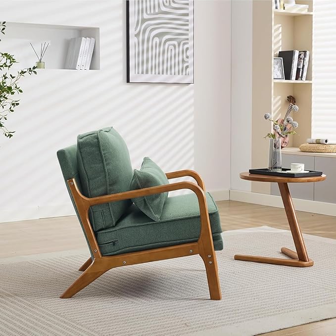 Mid-Century Accent Chair,Linen Fabric Lounge Chair with Wide Armrest,Linen Fabric Armchair with Lumbar Pillow & Solid Wood Frame for Living Room, Bedroom, Balcony(Green)