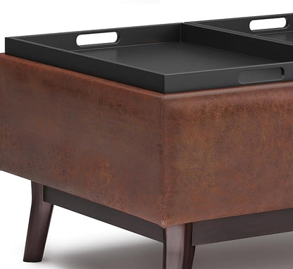 SIMPLIHOME Owen 34 inch Wide Mid Century Modern Rectangle Tray Top Small Coffee Table Storage Ottoman in Distressed Saddle Brown Vegan Faux Leather, Assembled, For the Living Room and Entryway