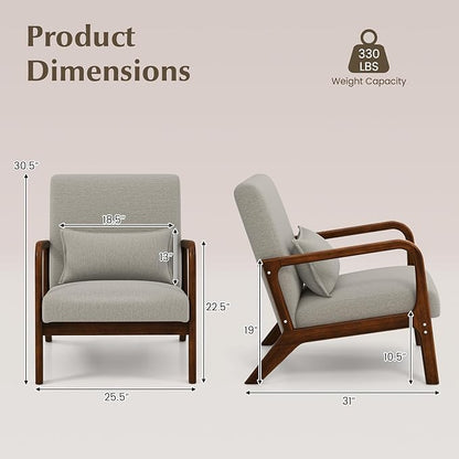 KOMFOTT Mid-Century Modern Accent Chair Set of 2, Living Room Leisure Chair with Cushioned Seat & Back, Upholstered Armchair with Rubber Wood Frame & Lumbar Pillow, Lounge Chair for Bedroom, Grey