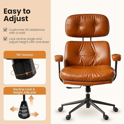 Home Office Desk Chair, Mid-Century Modern Office Chair with Adjustable Lumbar Support, Thickened Cushion Executive Desk Chair with 360 Rolling Swivel for Meeting Game Study Room(Brown)