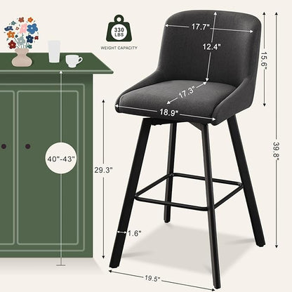 Swivel Counter Height Bar Stools Set of 2, 30''H Upholstered Barstools with Backs, Modern Bar Stool Chairs for Kitchen Island, Metal Legs, Fabric, Black Grey Stools Counter Chair