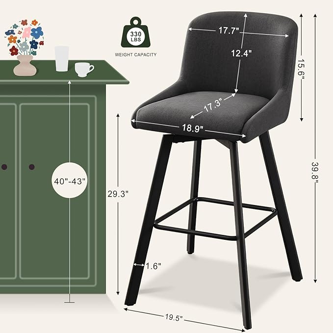 Swivel Counter Height Bar Stools Set of 4, 30''H Upholstered Barstools with Backs, Modern Bar Stool Chairs for Kitchen Island, Metal Legs, Fabric, Black Grey Stools Counter Chair