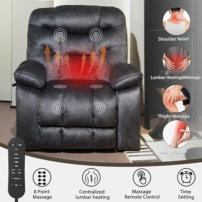 EONIX Large Lay Flat Power Lift Recliner Chair for Elderly with Heat and Massage, 400lbs Dual Motor Electirc Lift Chair with Extended Footrest, SLRY007062, Black