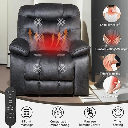EONIX Large Lay Flat Power Lift Recliner Chair for Elderly with Heat and Massage, 400lbs Dual Motor Electirc Lift Chair with Extended Footrest, SLRY007062, Black
