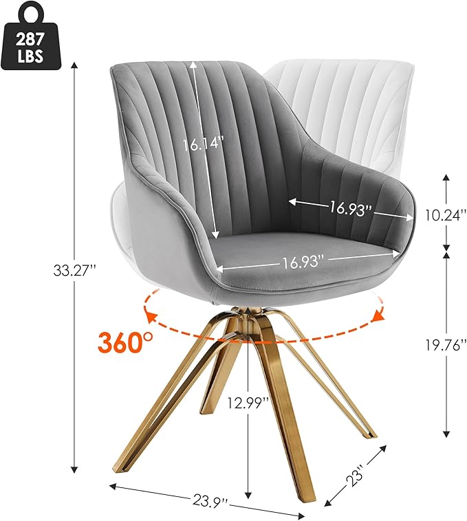 Zouron Mid Century Modern Swivel Accent Chair with Gold Metal Legs, Upholstered Swivel Chair No Wheels, Side Accent Arm Chair Vanity Chair for Small Space Home Office Living Room Bedroom, Grey