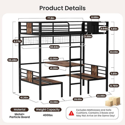 Twin Over Twin Bunk Bed, Convertible Twin Bunk Bed w/Desk & Storage & 2 Seat, Heavy Duty Metal Twin Loft Bed Frame with Safety Guardrails & EVA Padded Ladder for Teens(Cushion not Included)
