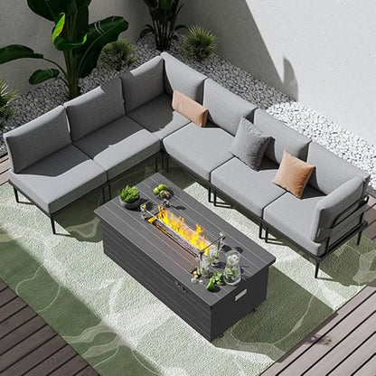 Sundale Outdoor 7 Pieces Metal Patio Furniture Set with Fire Pit Table, Outdoor Sectional Sofa with 6" Olefin Cushion, Modern Outdoor Conversation Sets (6 Seats, Grey Frame)