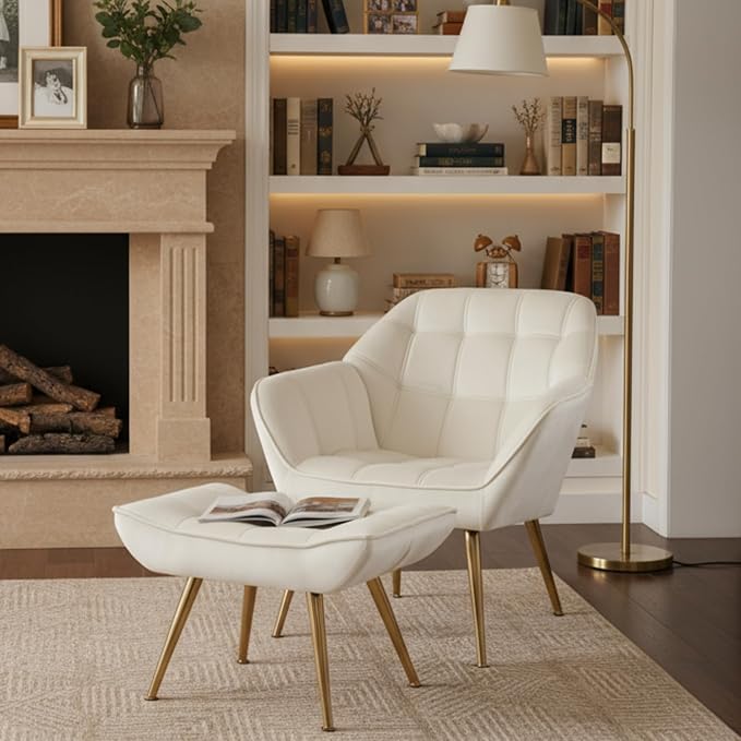 Small Accent Chair with Ottoman, Velvet Upholstered Lounge Chair with Footrest, Comfy Reading Armchair with Gold Legs for Living Room Bedroom, Beige